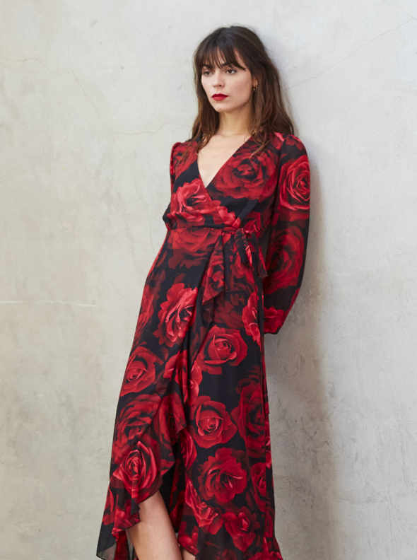 Azaria Red Flower Wrap Dress