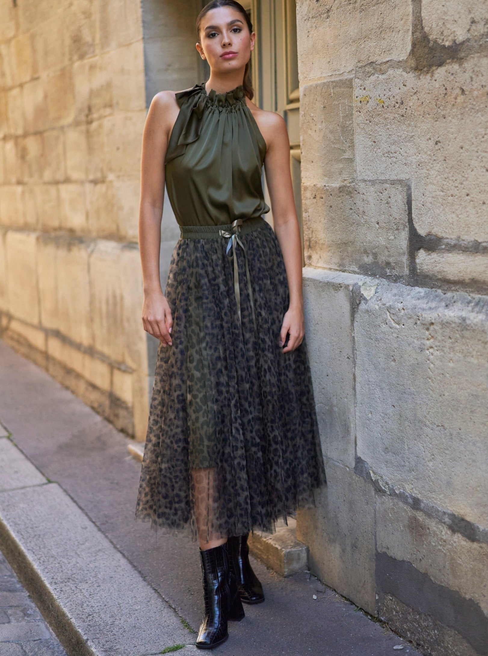 Khaki tulle midi on sale skirt